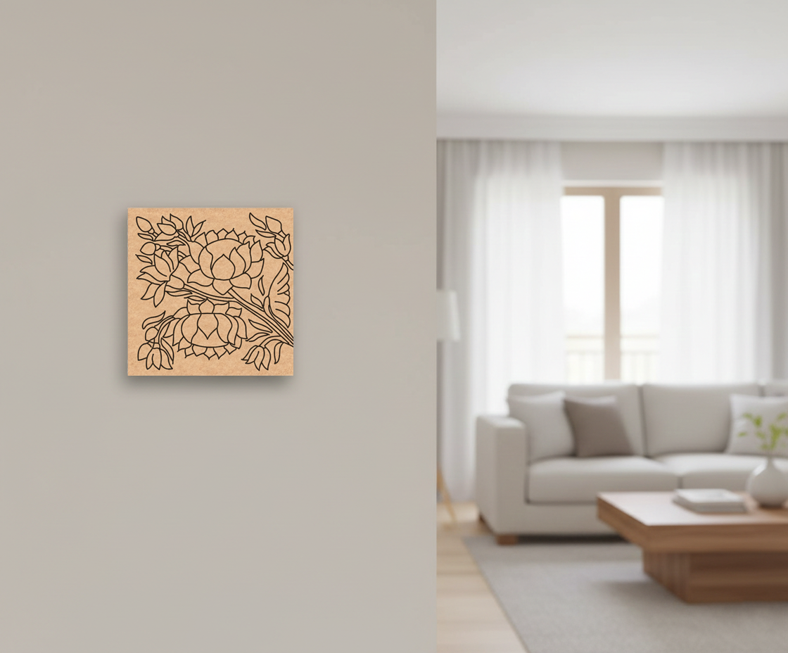  MDF DIY  wall art with floral design on a light gray wall in a living room.