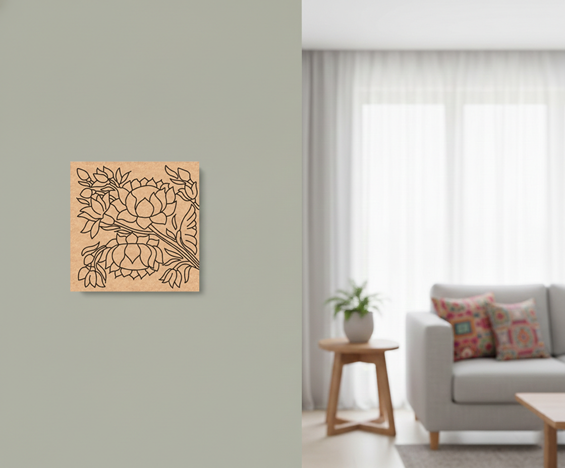  MDF DIY  wall art with floral design on a gray wall in a living room.