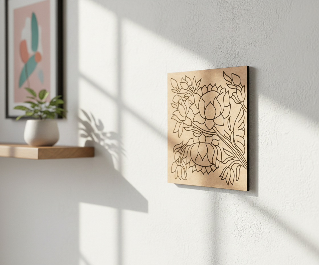 Decorative  MDF DIY wall art with floral design on a white wall