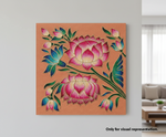 Decorative  MDF DIY wall art with pink lotus flowers on a peach background in a living room setting.
