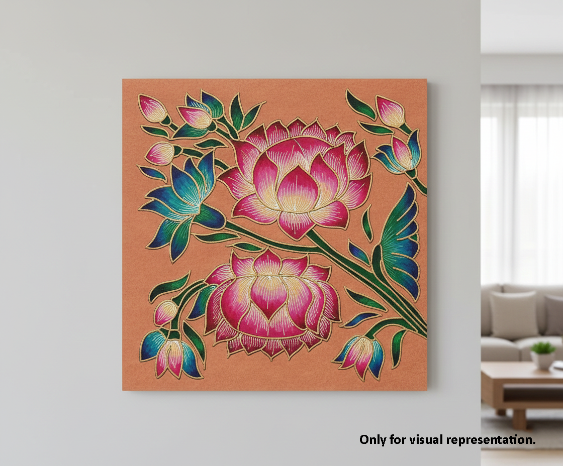 Decorative  MDF DIY wall art with pink lotus flowers on a peach background in a living room setting.
