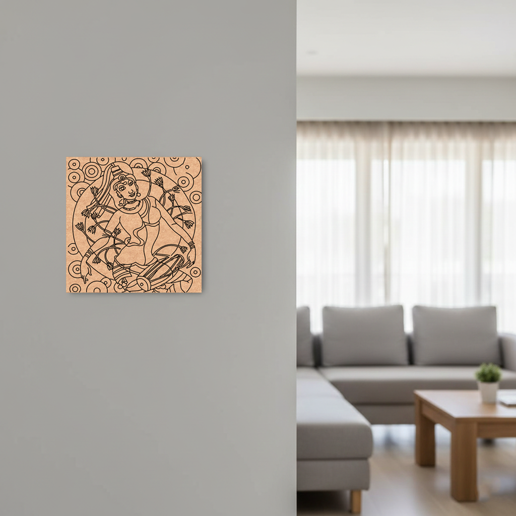 Decorative  MDF DIY wall art on a gray wall in a living room with a sofa and coffee table.