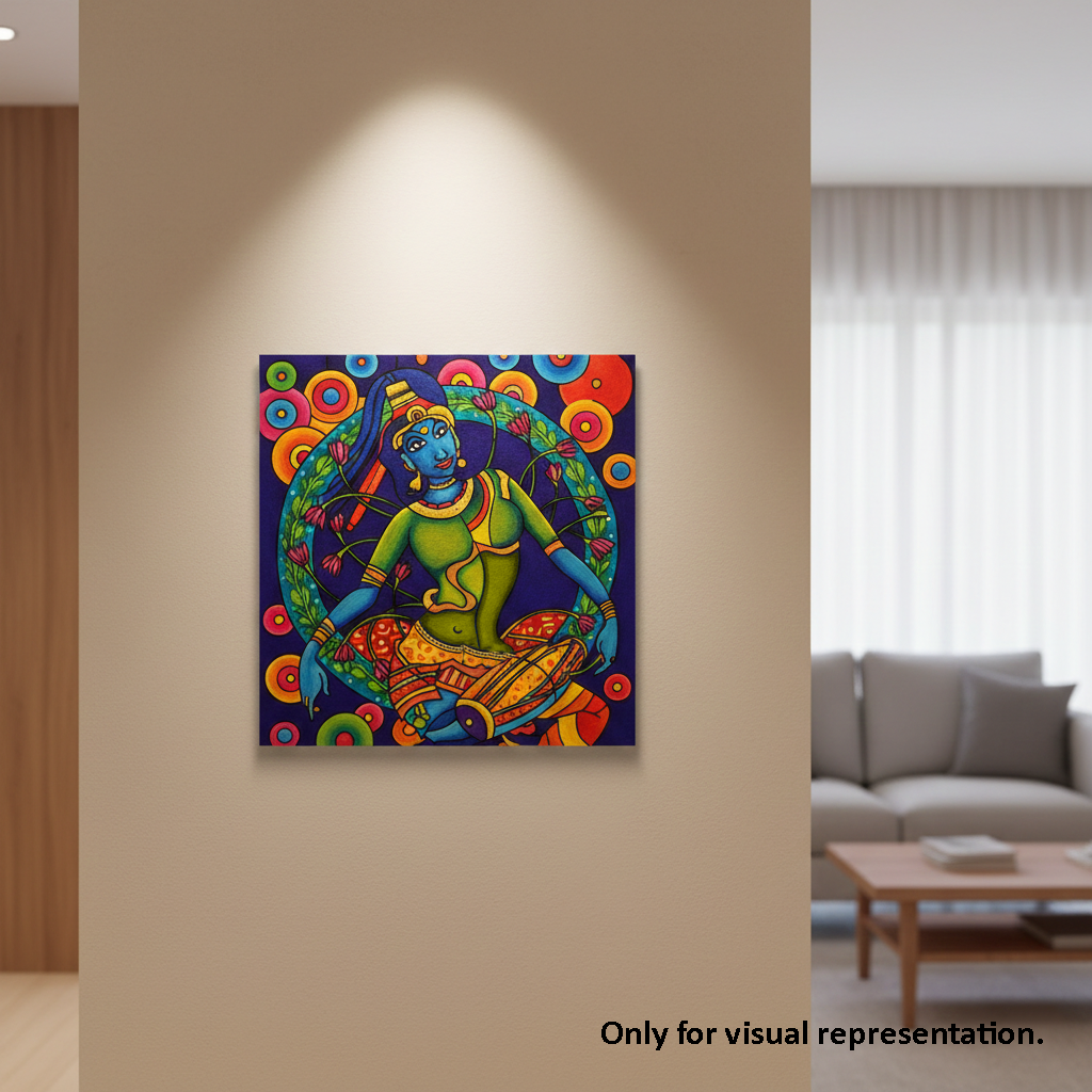 Colorful abstract painting of a figure on a wall in a living room.