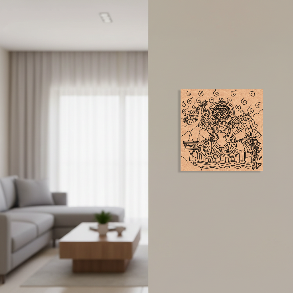 Decorative  MDF DIY  wall art of a seated figure with a serene expression on a beige wall in a modern living room.