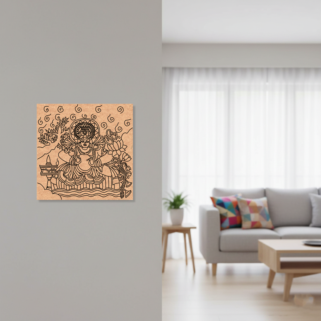Decorative  MDF DIY wall art on a gray wall in a living room with a sofa and coffee table.