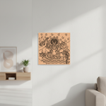 Decorative  MDF DIY wall art with a stylized depiction of a figure on a light wood background, mounted on a white wall.