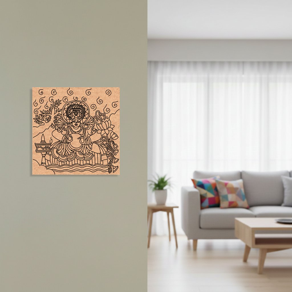 Decorative  MDF DIY wall art on a wall in a living room with a sofa and coffee table.
