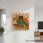 Decorative  MDF DIY wall art of a green goddess on a wooden panel in a modern living room.