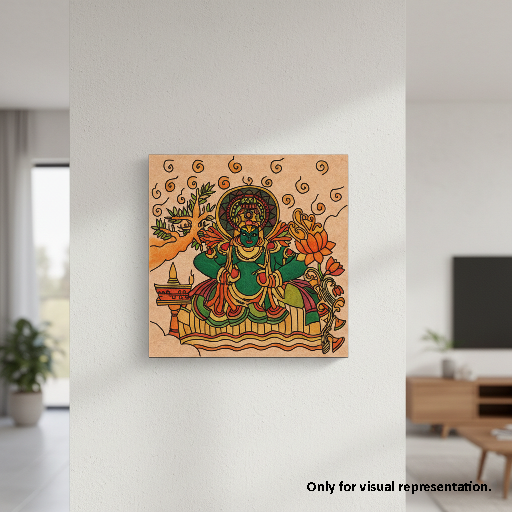 Decorative  MDF DIY wall art of a green goddess on a wooden panel in a modern living room.