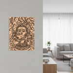 Decorative  MDF DIY wall art of a stylized face on a peach background in a living room.