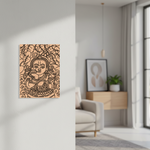 Decorative  MDF DIY wall art of a stylized face on a peach background in a modern living room.