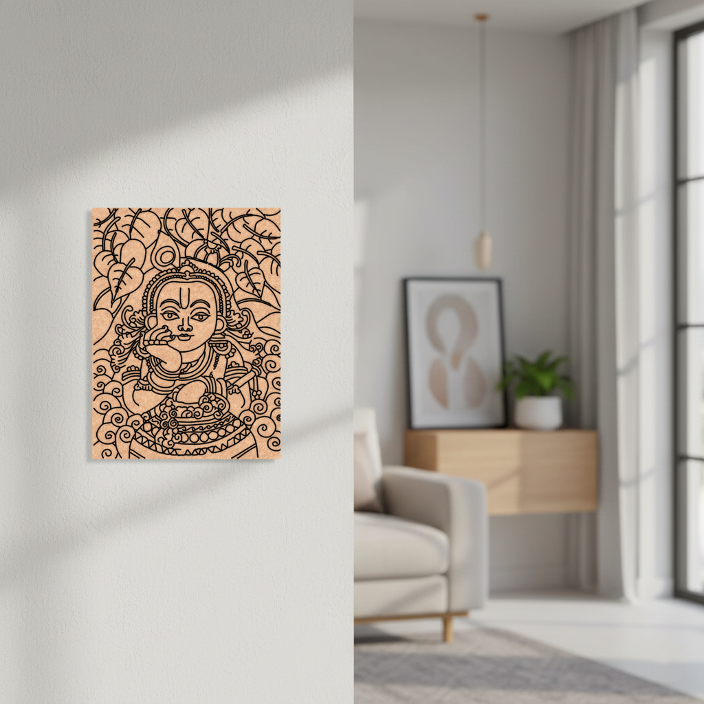Decorative  MDF DIY wall art of a stylized face on a peach background in a modern living room.