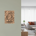 Decorative  MDF DIY wall art of a deity on a plain wall with a living room in the background