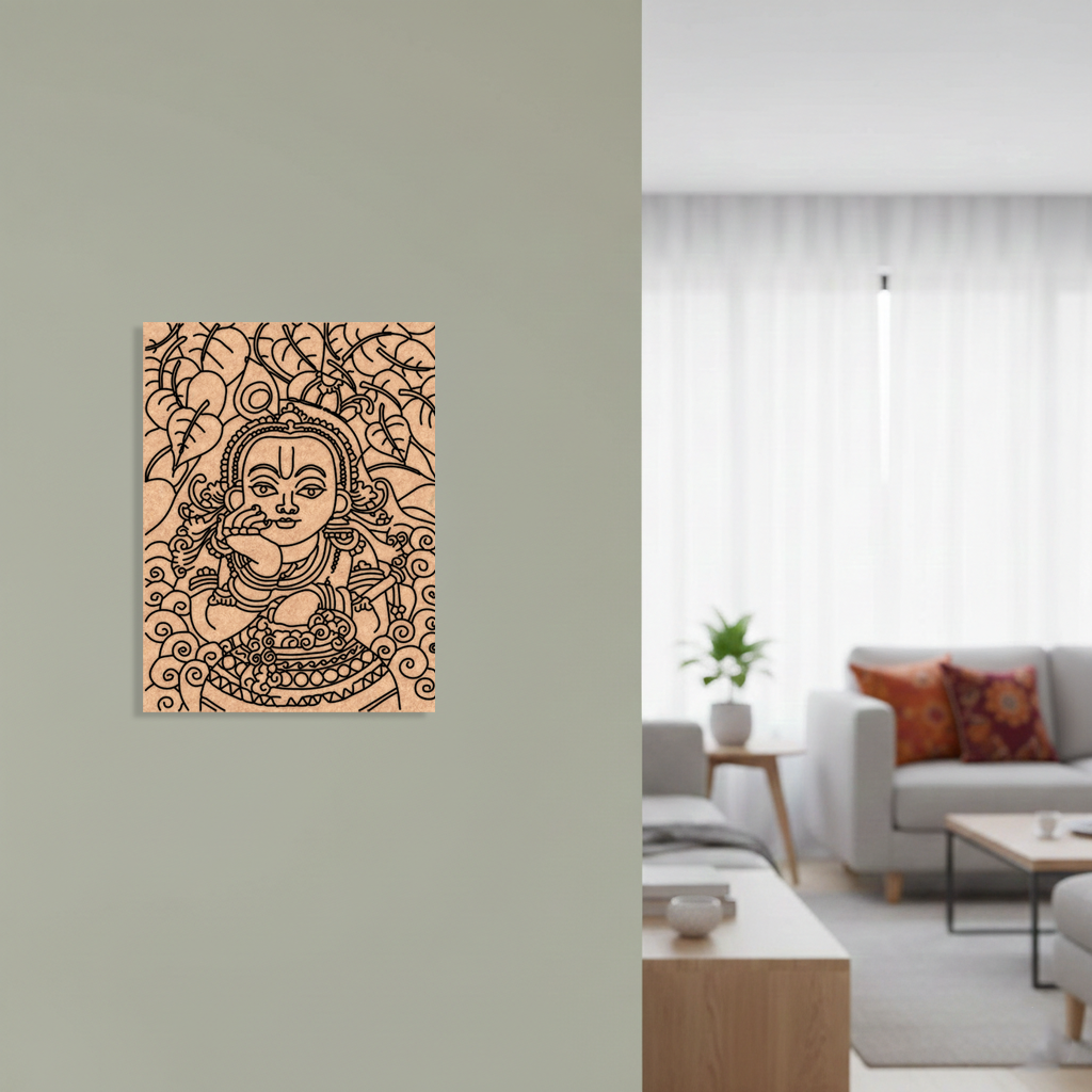 Decorative  MDF DIY wall art of a deity on a plain wall with a living room in the background