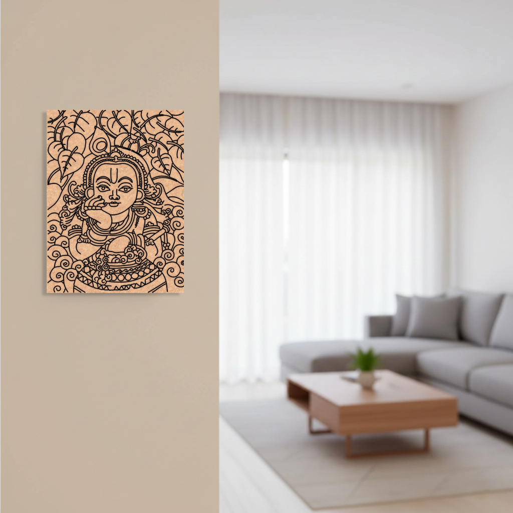 Decorative  MDF DIY wall art of a stylized face on a beige wall in a living room.