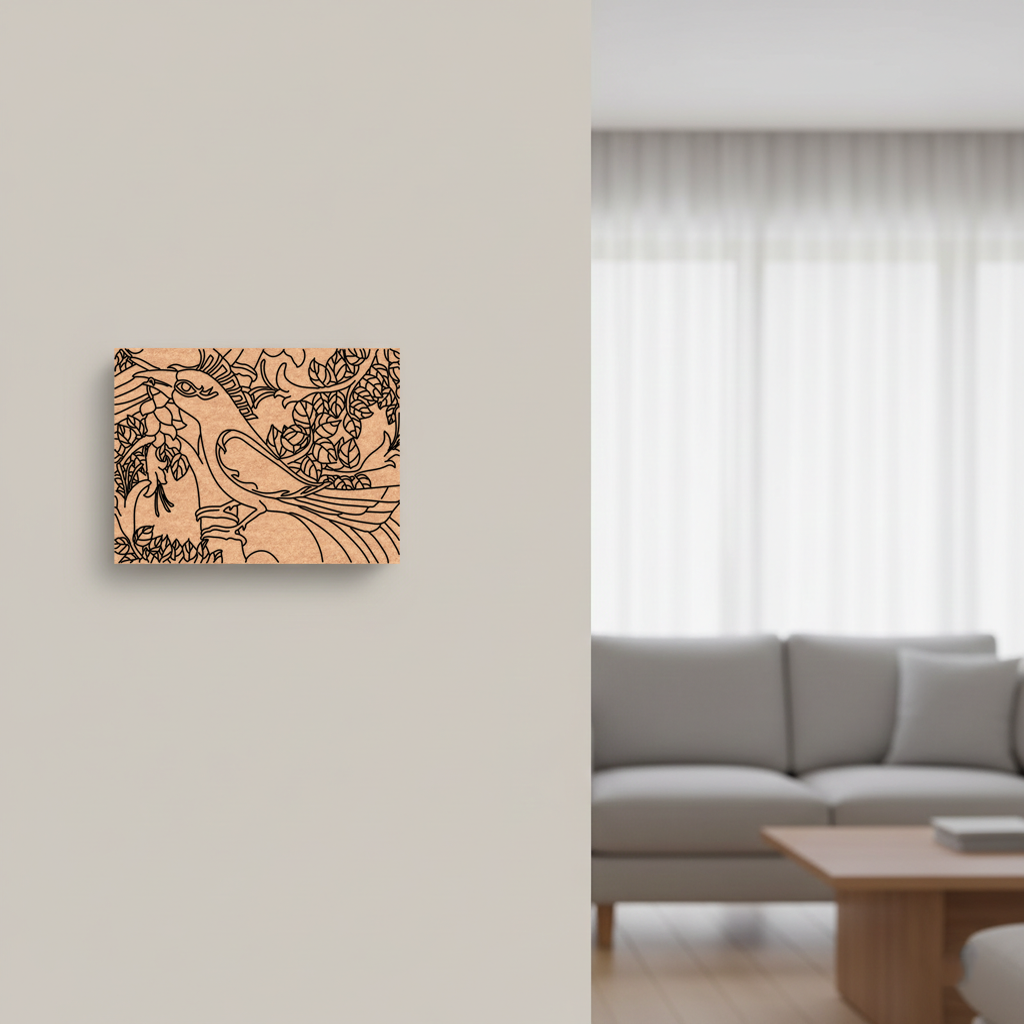  MDF DIY  wall art with nature design on a light gray wall above a sofa.