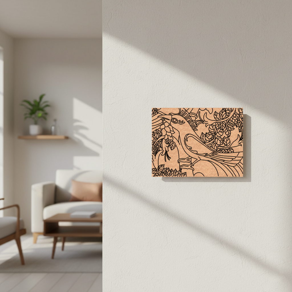 Decorative  MDF DIY wall art piece on a light beige wall with a blurred living room in the background.