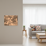 Decorative  MDF DIY wall art on a beige wall in a living room with a sofa and coffee table.