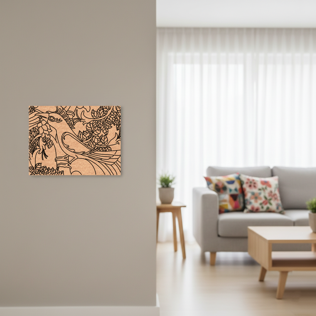 Decorative  MDF DIY wall art on a beige wall in a living room with a sofa and coffee table.