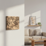  MDF DIY wall art piece on a white wall with a living room setting in the background.