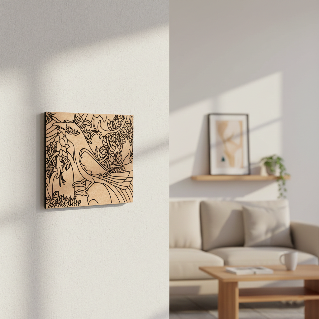  MDF DIY wall art piece on a white wall with a living room setting in the background.