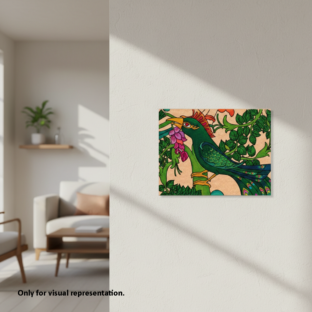 Decorative painting of a green bird with flowers on a wall in a room with a sofa and plant.
