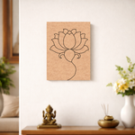 Lotus flower design on cork board with decor items on a table below