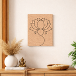 Lotus flower artwork on board in a home setting with decor items.