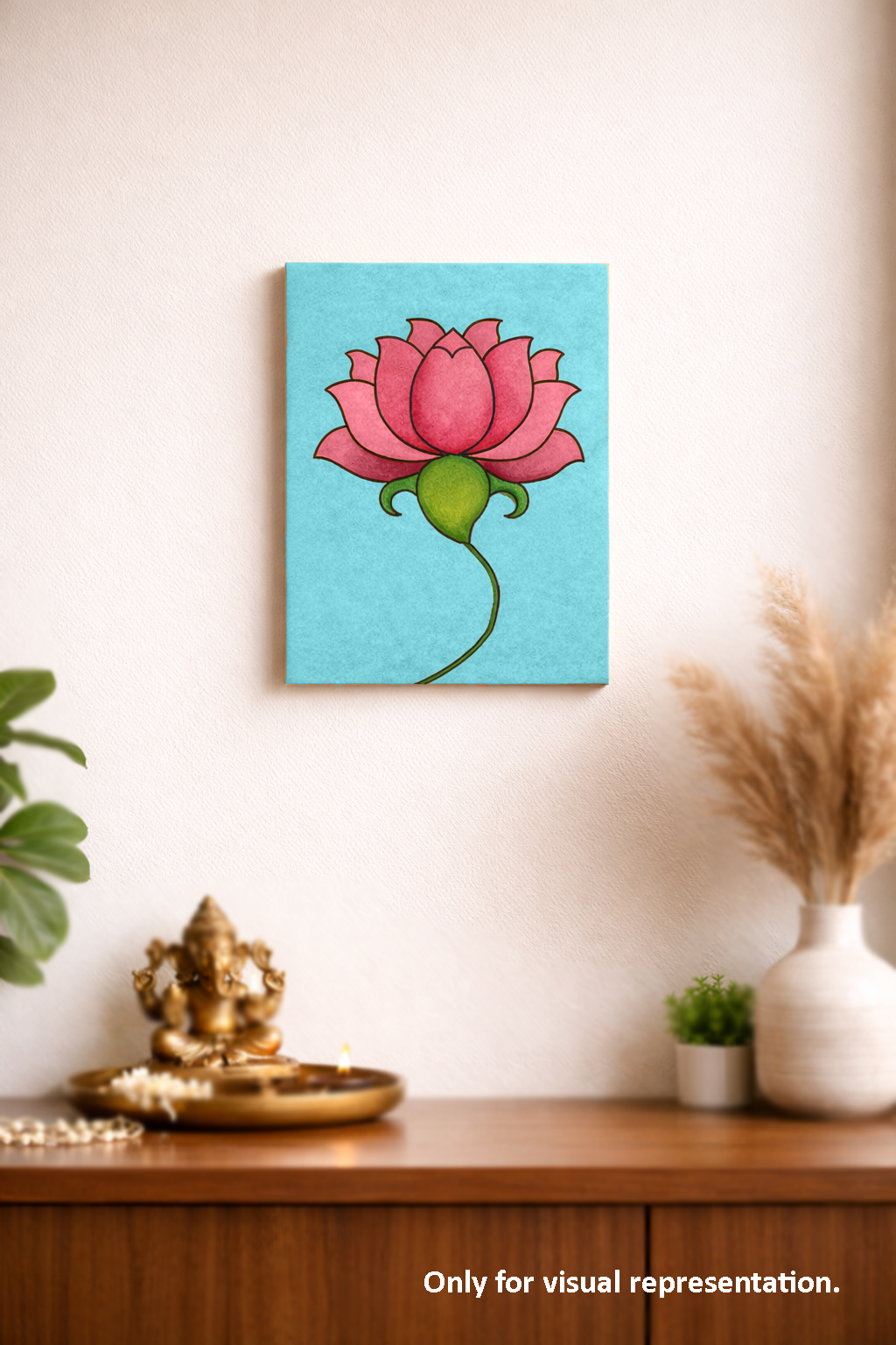  MDF DIY wall art  of a pink lotus flower on a blue background, displayed on a wall above a wooden shelf with decorative items.