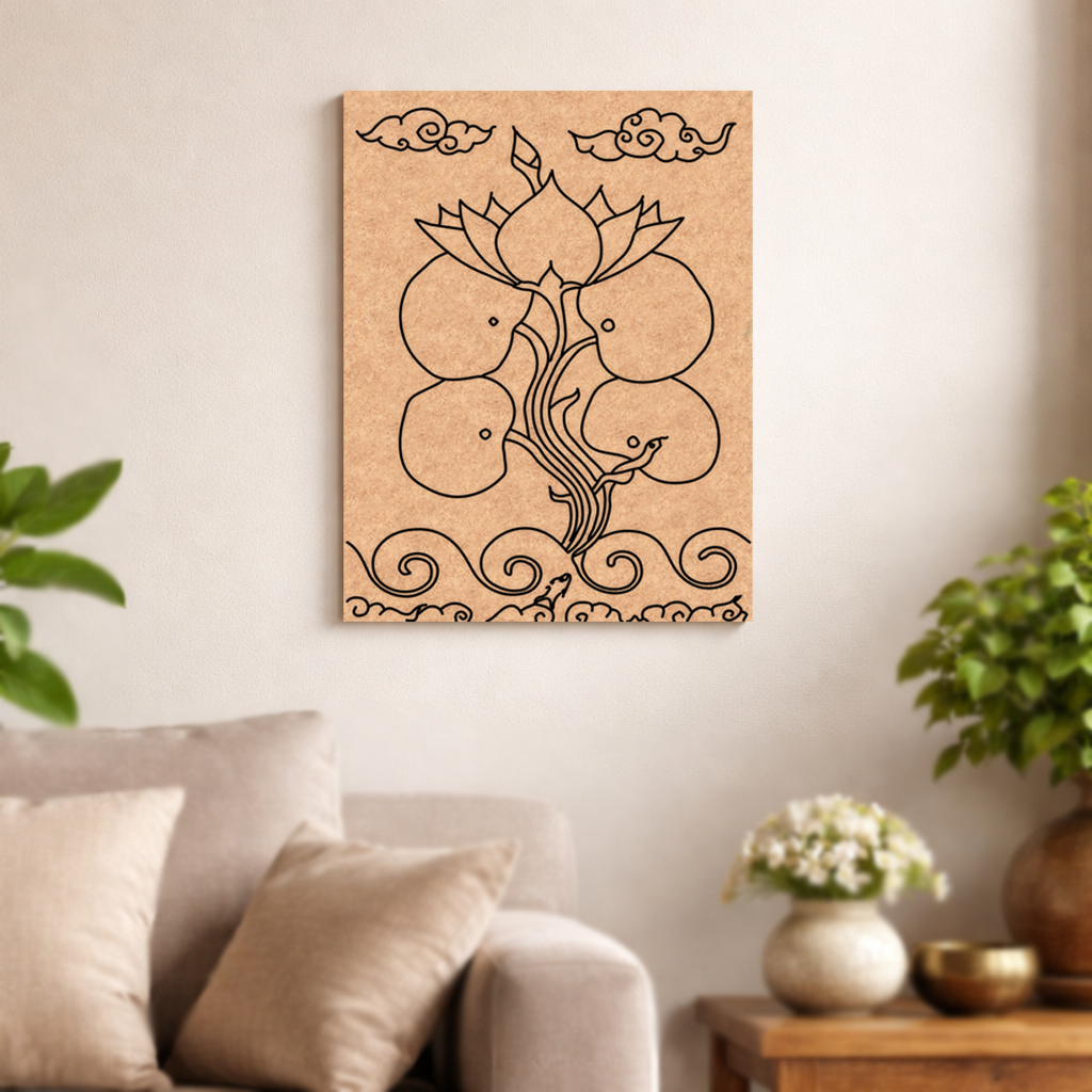 Decorative  MDF DIY wall art with a tree design on a beige wall above a sofa.