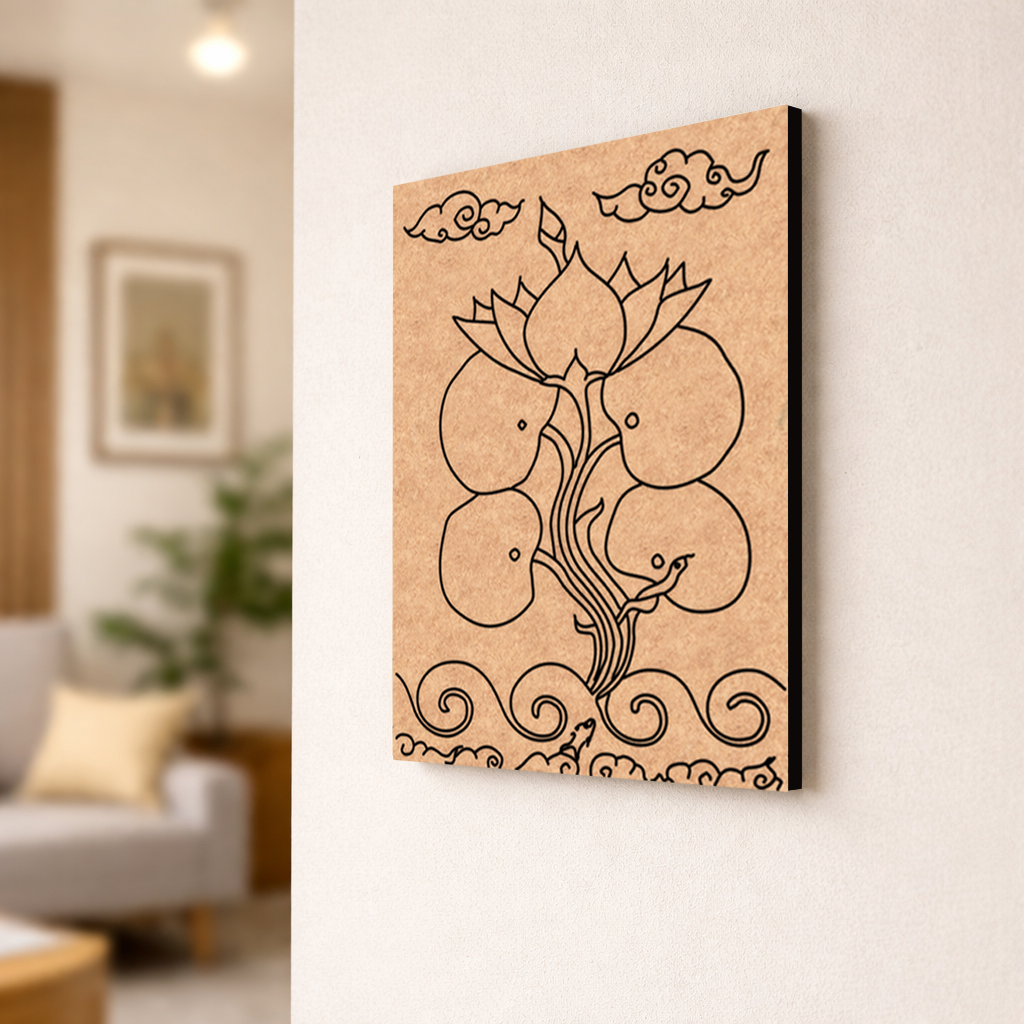 Decorative  MDF DIY wall art with floral design on a beige background in a living room setting.