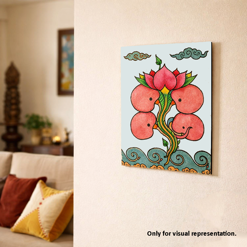 Decorative  MDF DIY wall art with pink floral design on a light blue background, hanging on a beige wall.