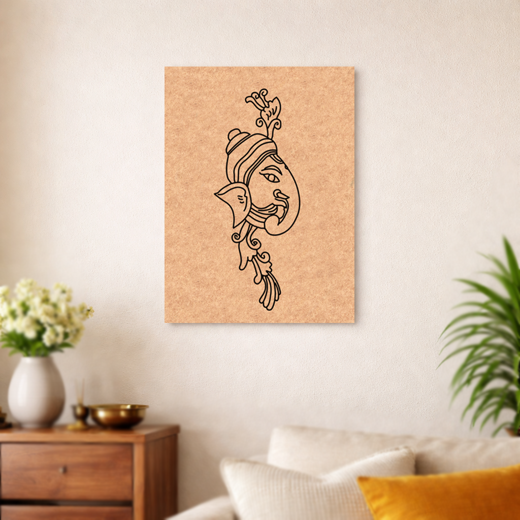 Decorative  MDF DIY wall art of a stylized face on a cork board in a living room setting.