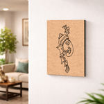 Decorative  MDF DIY wall art with a face design on a cork board in a living room setting.