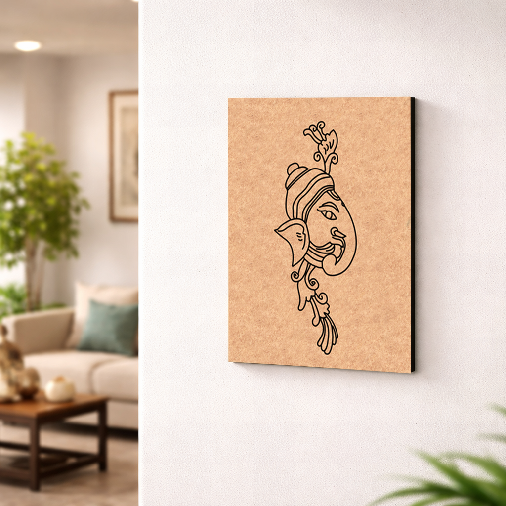 Decorative  MDF DIY wall art with a face design on a cork board in a living room setting.