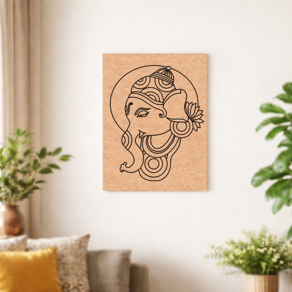 Decorative  MDF DIY wall art of a stylized face on board in a living room setting.