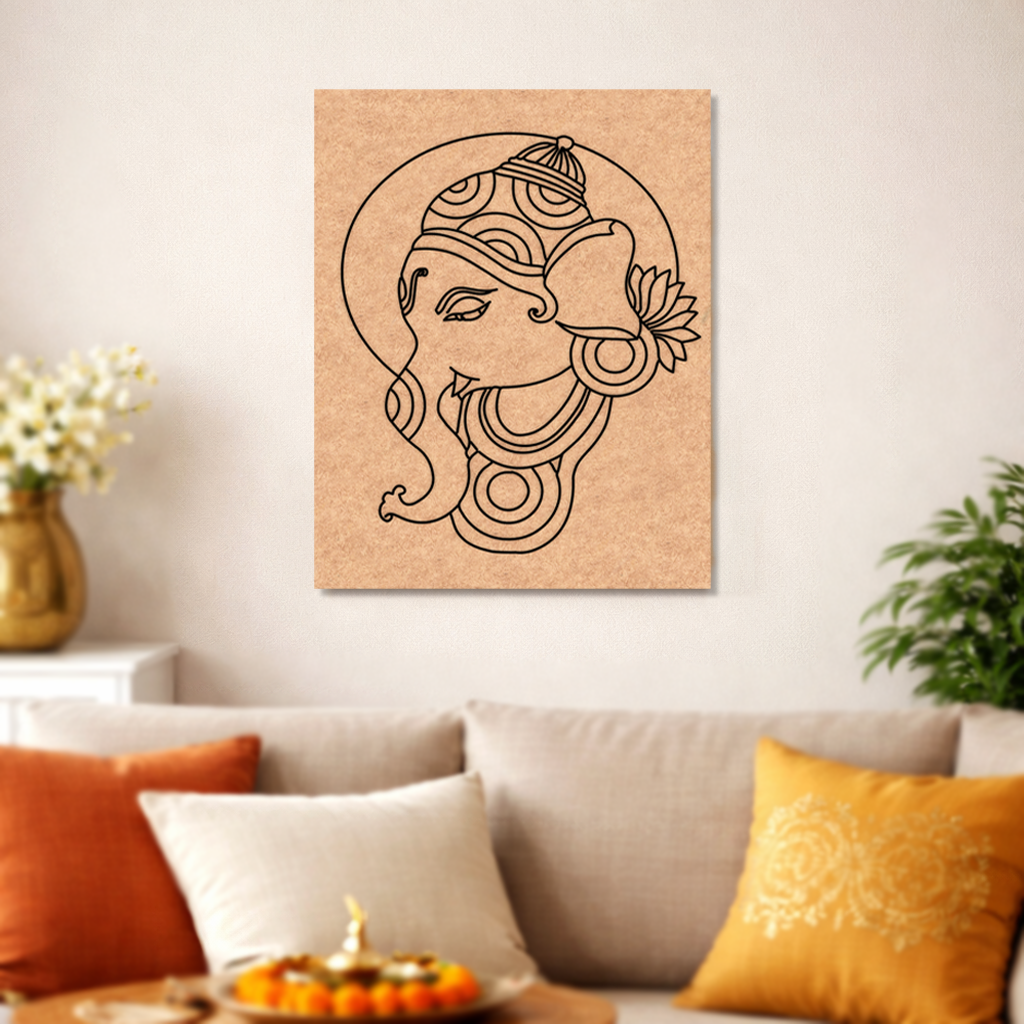  MDF DIY wall art with a line drawing of a deity head on a wall above a sofa.