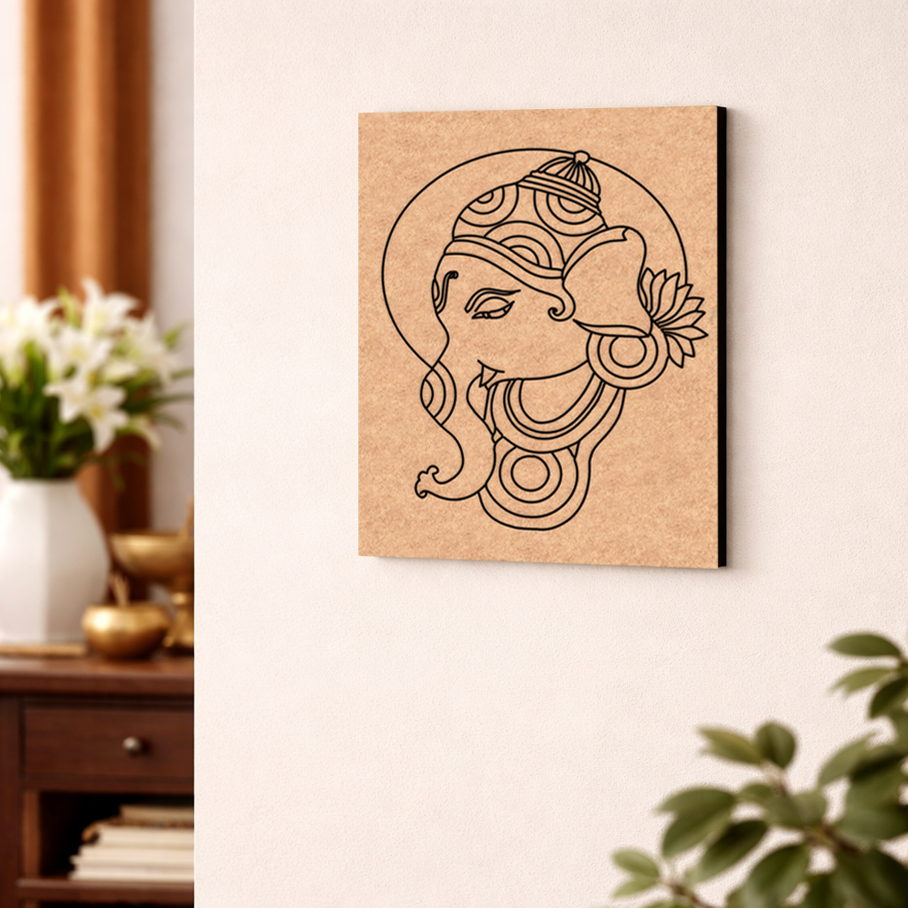 Decorative  MDF DIY wall art of a stylized face on a wooden panel in a home setting.