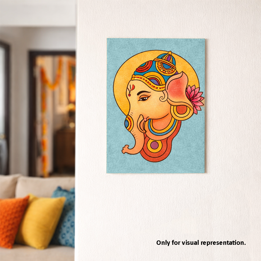 Colorful  MDF DIY wall art  of a deity on a wall in a living room setting