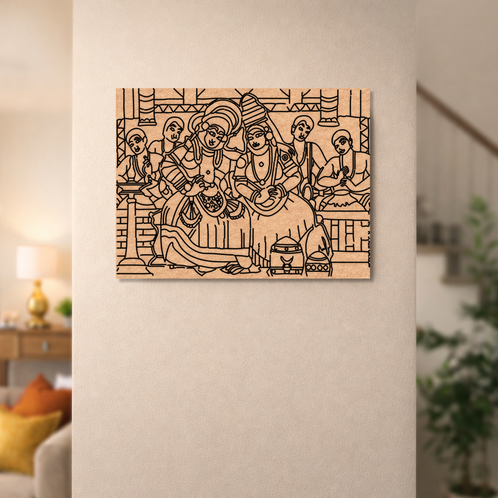  MDF DIY  wall art depicting a traditional scene with people in a living room setting.