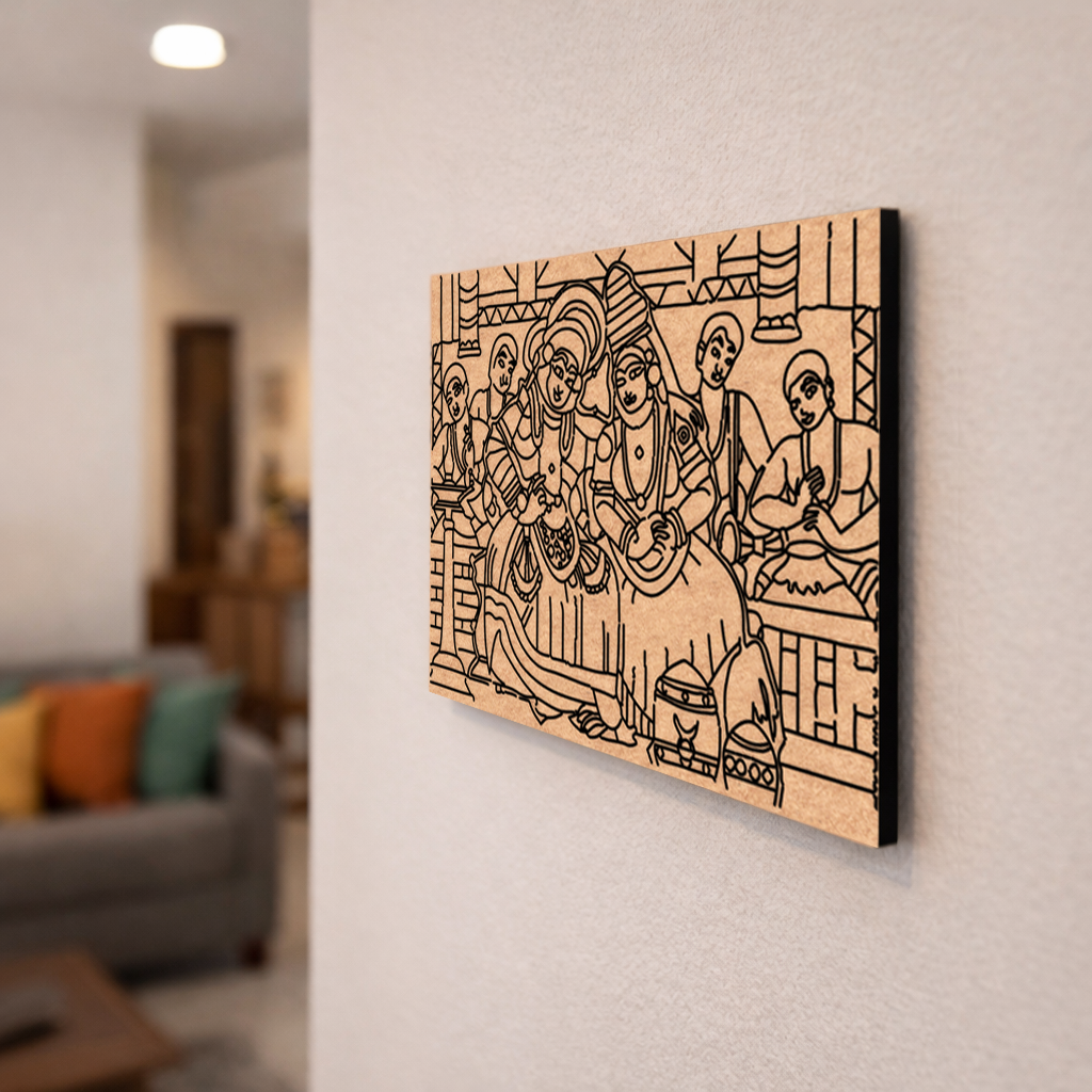  MDF DIY  wall art depicting a musical performance on a light gray wall.