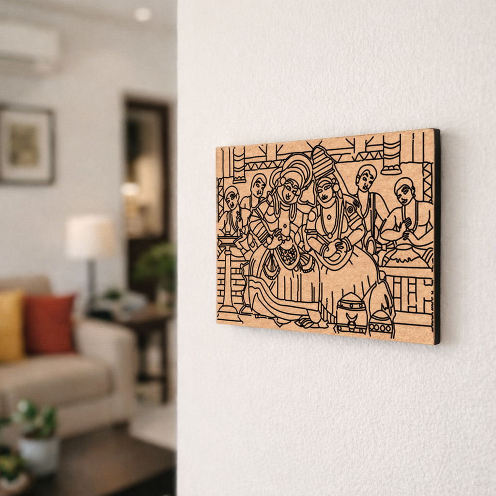 MDF DIY  wall art with a black line drawing of people on a white wall.