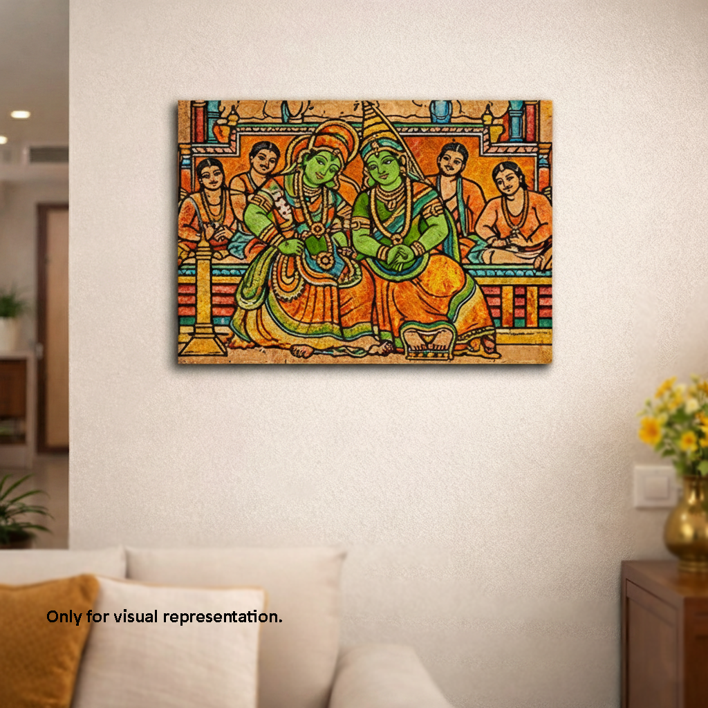 Colorful painting of a traditional scene on a wall in a living room.