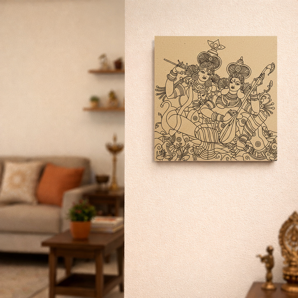Decorative  MDF DIY wall art of two figures on a beige background in a living room setting.