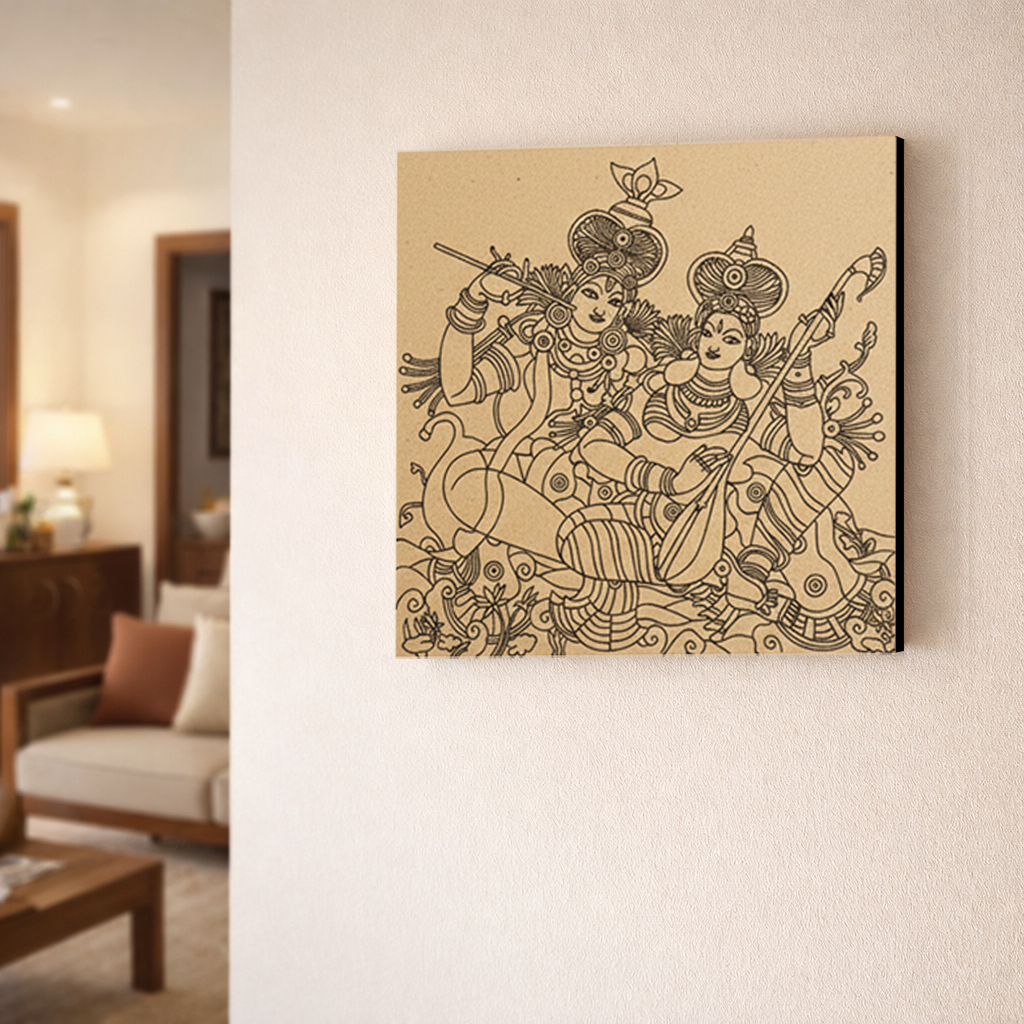Decorative  MDF DIY wall art of two figures on a beige background in a living room setting.