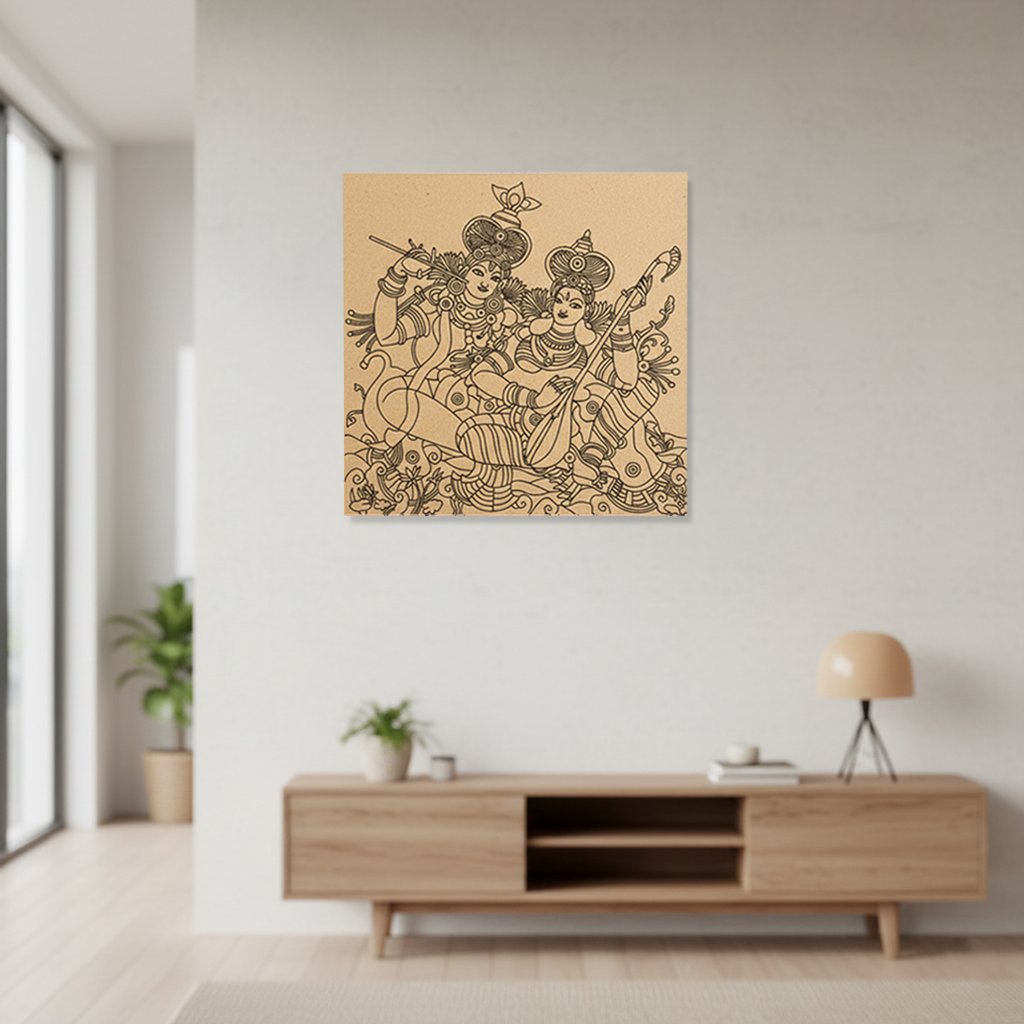 Decorative  MDF DIY wall art of two figures on a beige background in a modern living room.