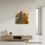 Colorful  MDF DIY wall art of deities on a beige background in a modern living room.