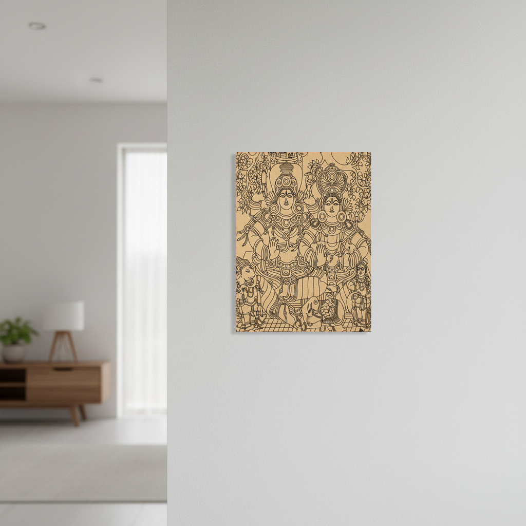 Decorative  MDF DIY wall art of a deity on a light gray wall with a blurred room in the background