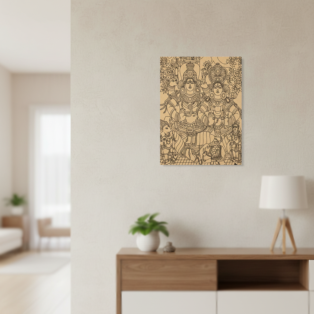 Decorative  MDF DIY wall art of a deity on a beige wall above a wooden console table.