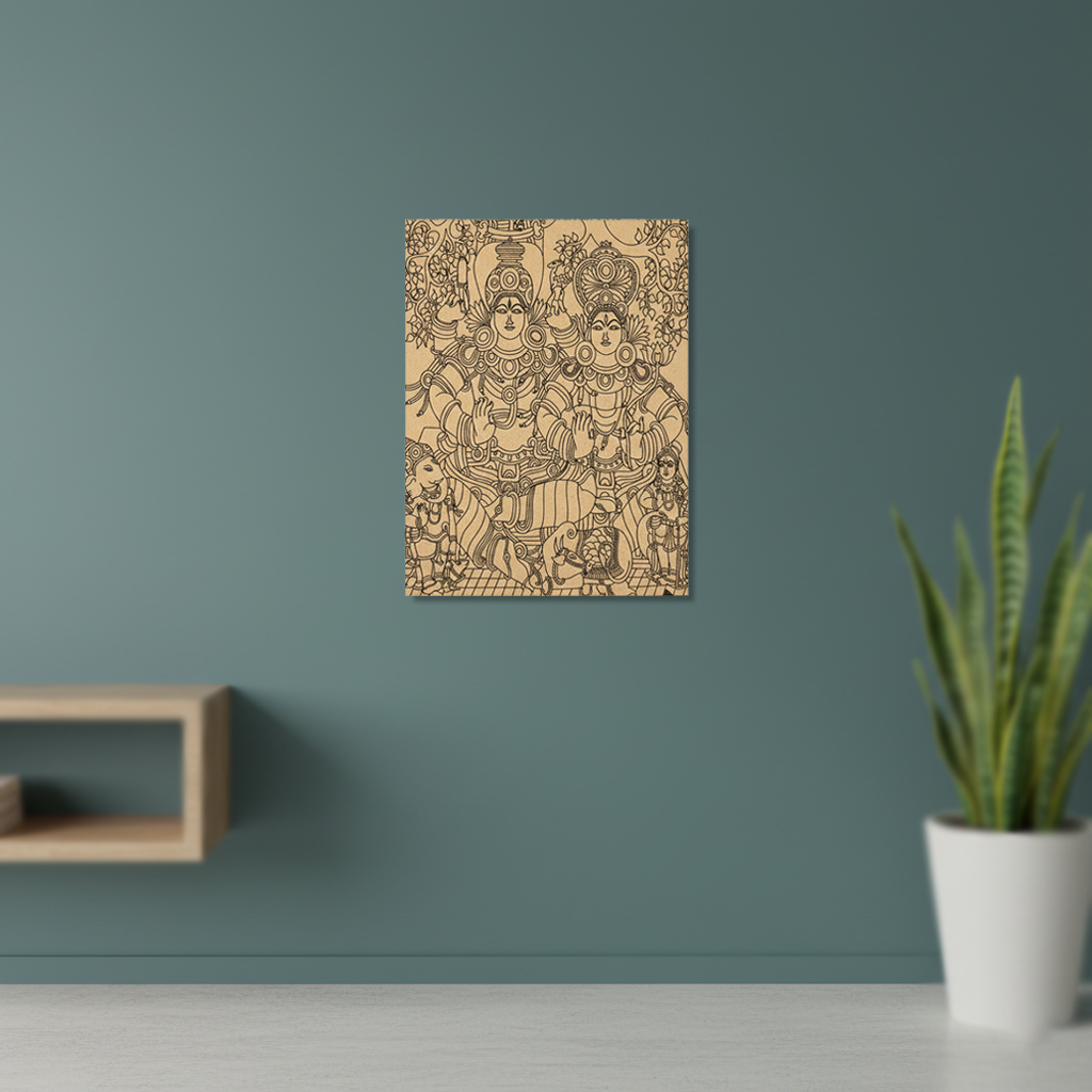 Decorative  MDF DIY wall art on a teal wall with a plant and shelf in the foreground
